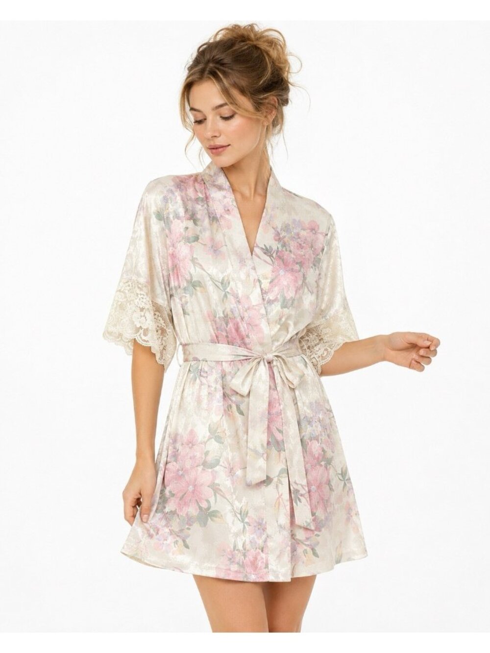 vintage LUCIE ANN II floral robe MEDIUM cottagecore lace boudoir peignoir satin